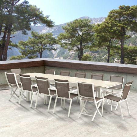 Ensemble de jardin Tulum ALU 8/12 Personnes DECOR BOIS GRIS avec 8 fauteuils et 4 chaises