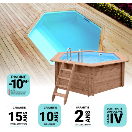 Piscine Bois Spark Ronde Hexagonale avec Plage immergée + Escalier ⌀400x115cm