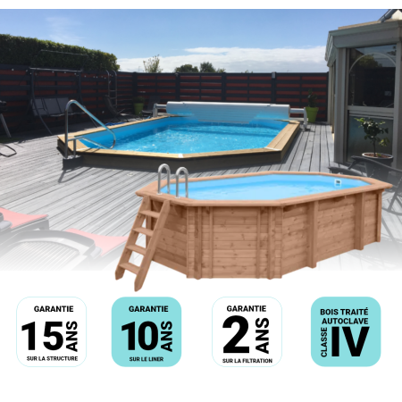 Piscine Bois Lucci Octogonale allongée avec Plage immergée + Escalier 415x265x131 cm