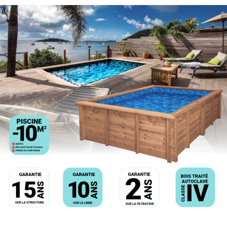 Piscine Bois Luna Rectangulaire avec Plage immergée + Escalier 350x270x70cm Pierre de Bali