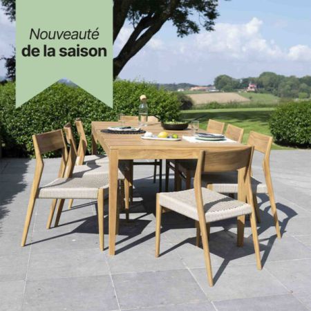 Ensemble en teck massif et cordage Beige 6/8 places avec 6 fauteuils CALVI